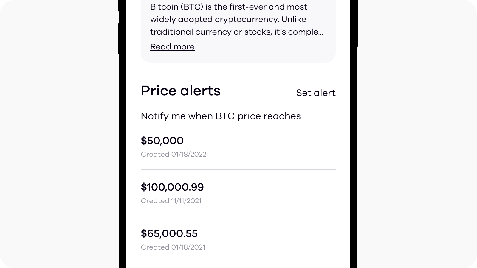 asset page with price alerts section and prices