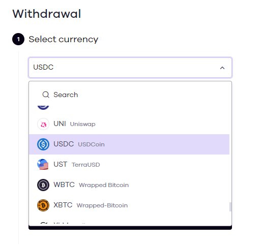 drop-down list of currencies for withdrawal