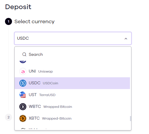 drop-down list of currencies for deposit