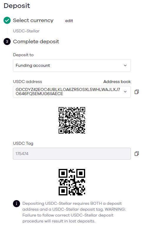 deposit instructions for Okcoin USDC Stellar