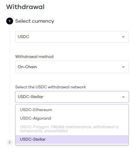 drop-down list of withdrawal networks