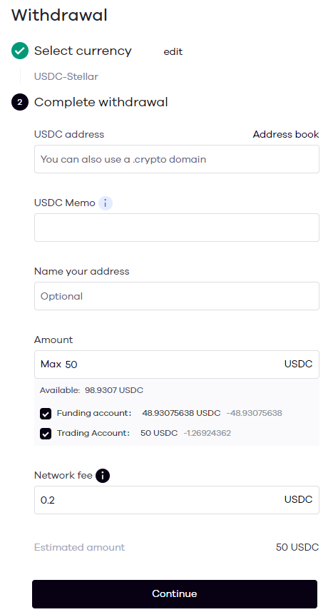 withdrawal menu for Okcoin USDC Stellar