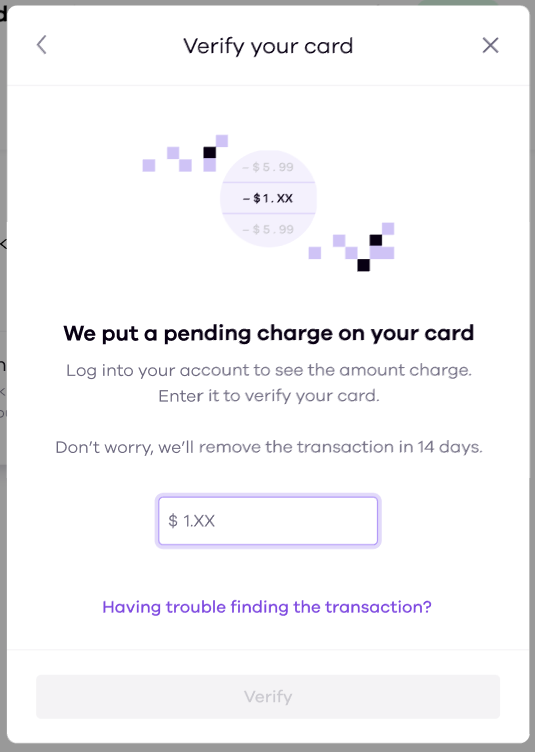 Okcoin card verification screen with charge field