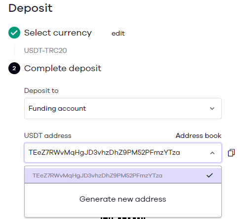 Okcoin crypto deposit address selection drop-down
