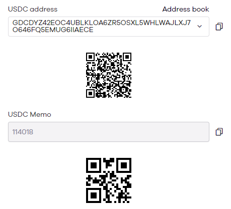 os códigos QR, informações de memorando e endereço de depósito de cripto da Okcoin