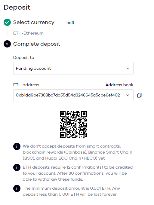 regras, código QR e endereço de depósito de cripto da Okcoin