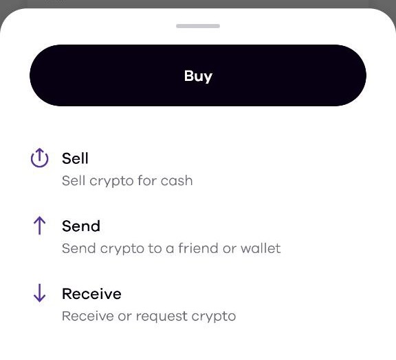 Okcoin app move money button menu with Send and Receive options