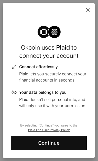 integração da Plaid à Okcoin ao adicionar uma conta para transferências instantâneas