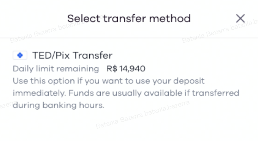 Menú de Okcoin “Seleccionar el método de pago” con la opción “Transferencia TED/Pix” seleccionada.
