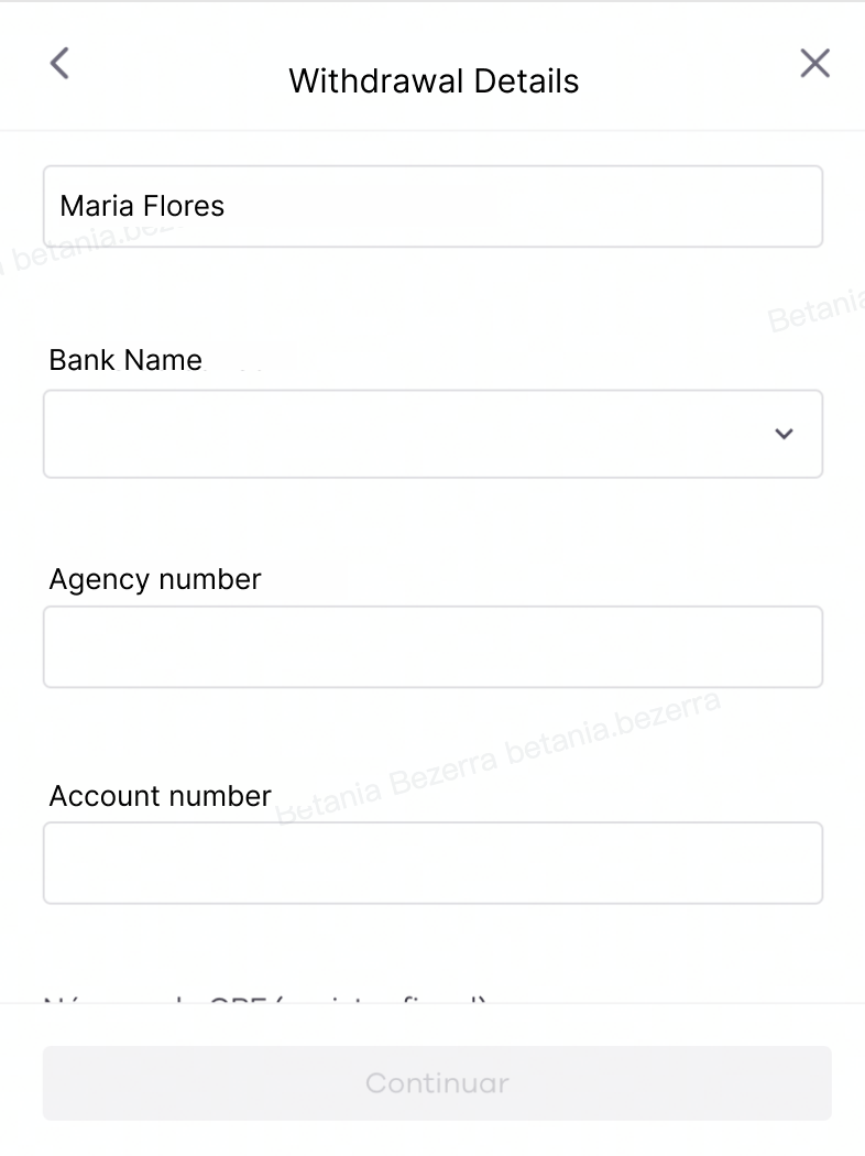 Página de detalles de Okcoin “Retiro” con los campos del nombre y la información bancaria.
