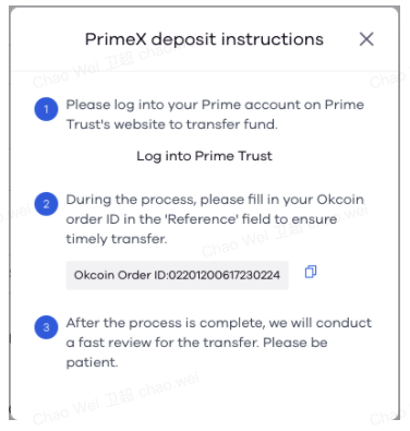 janela de informações do depósito do PrimeX na Okcoin