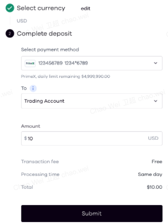 detalhes do depósito do PrimeX na Okcoin