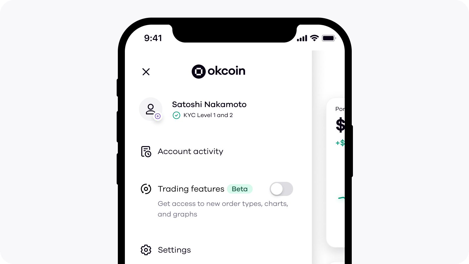 Okcoin app account menu with Settings tab