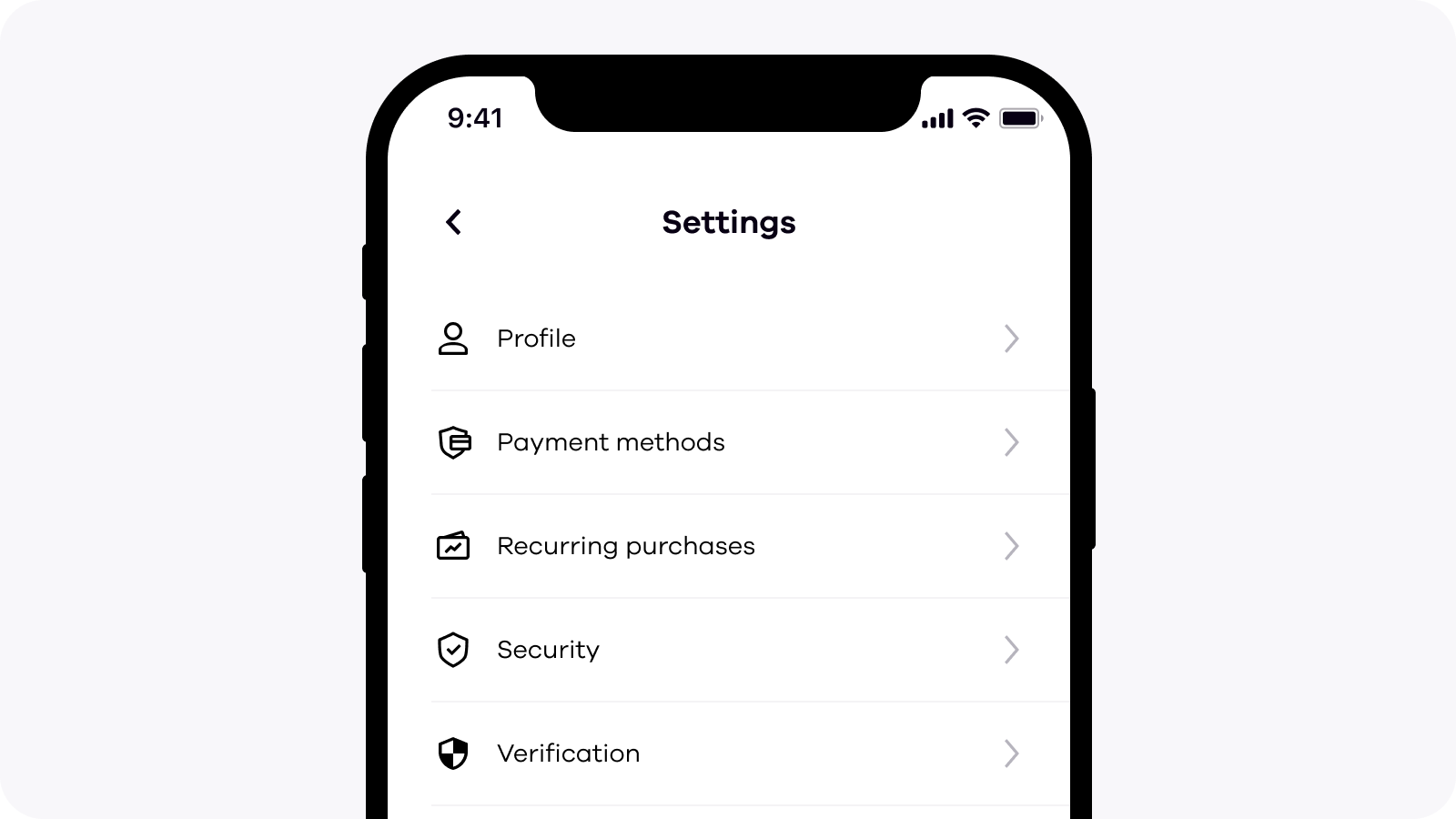Okcoin app Settings menu with Recurring purchases tab