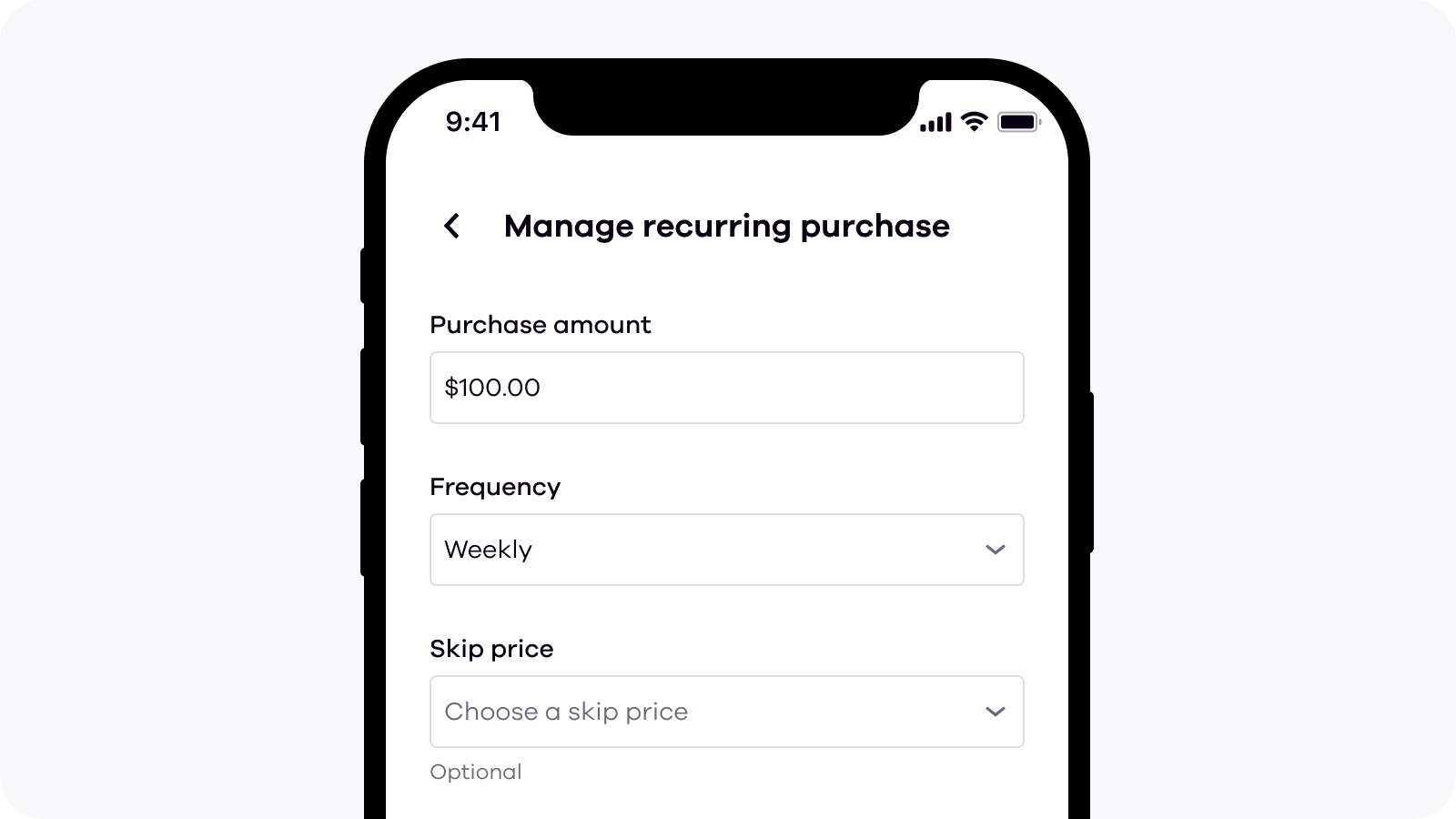 Okcoin app Manage recurring purchase with amount, frequency, skip price, and payment method