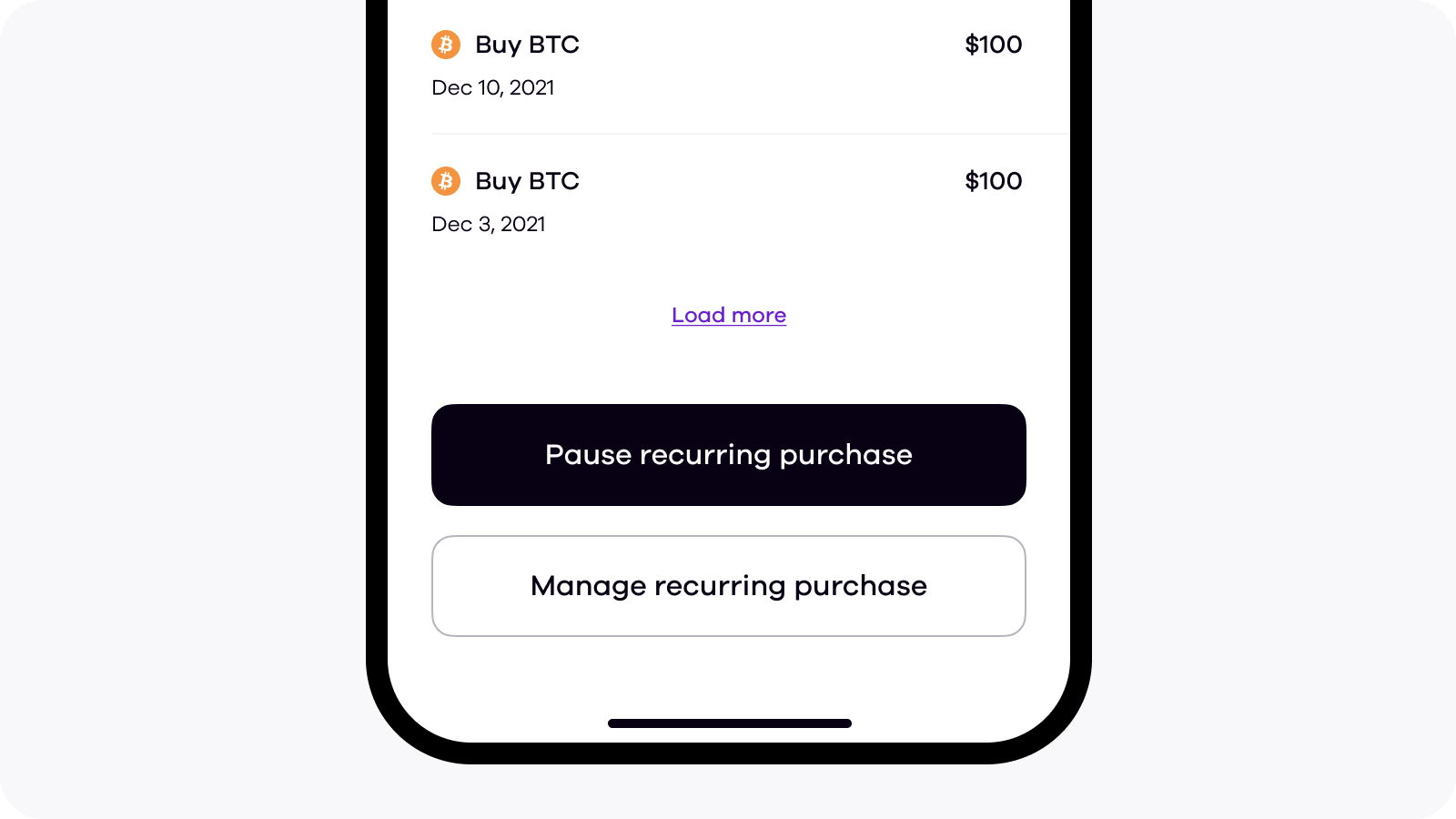 Okcoin app recurring purchase details, history, pause, and manage buttons
