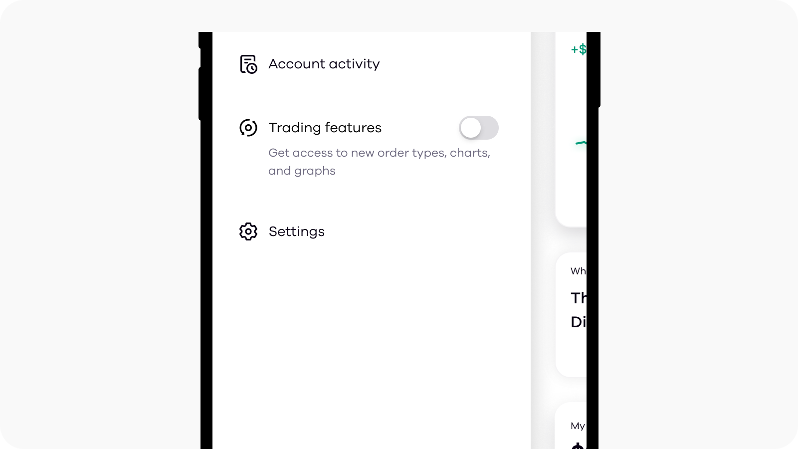 okcoin app side menu with settings